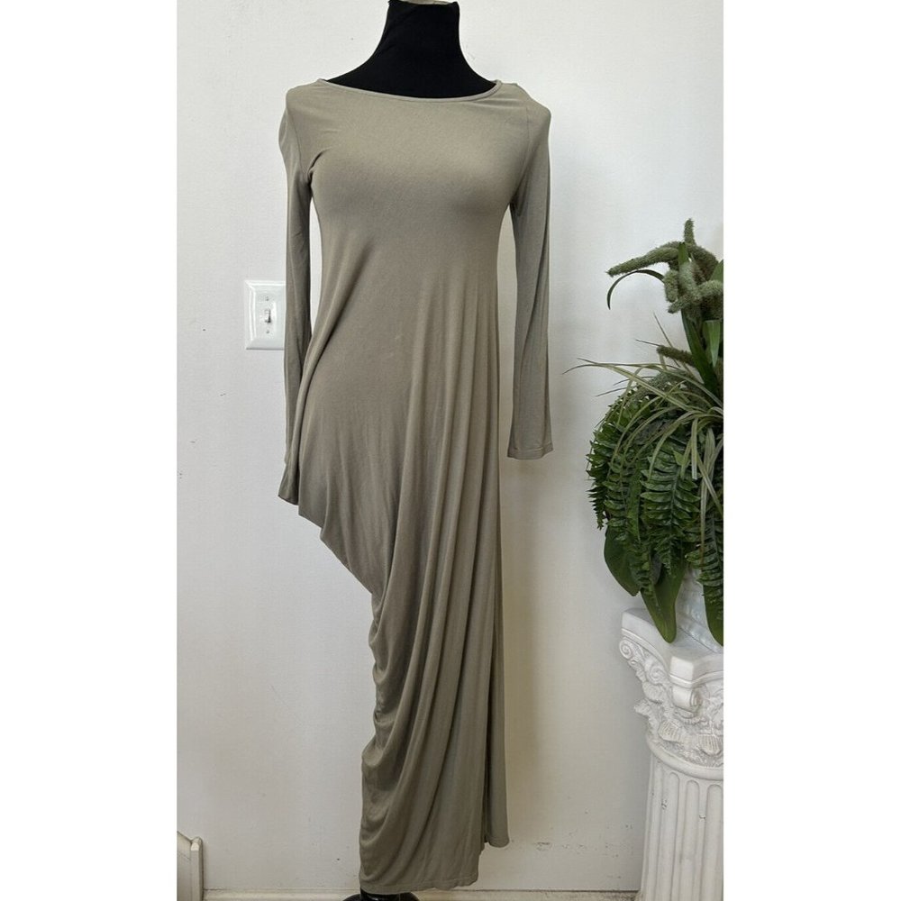 Free People Beach Long Sleeve Draped Side Open Leg Olive Green MIDI Dress Sz S